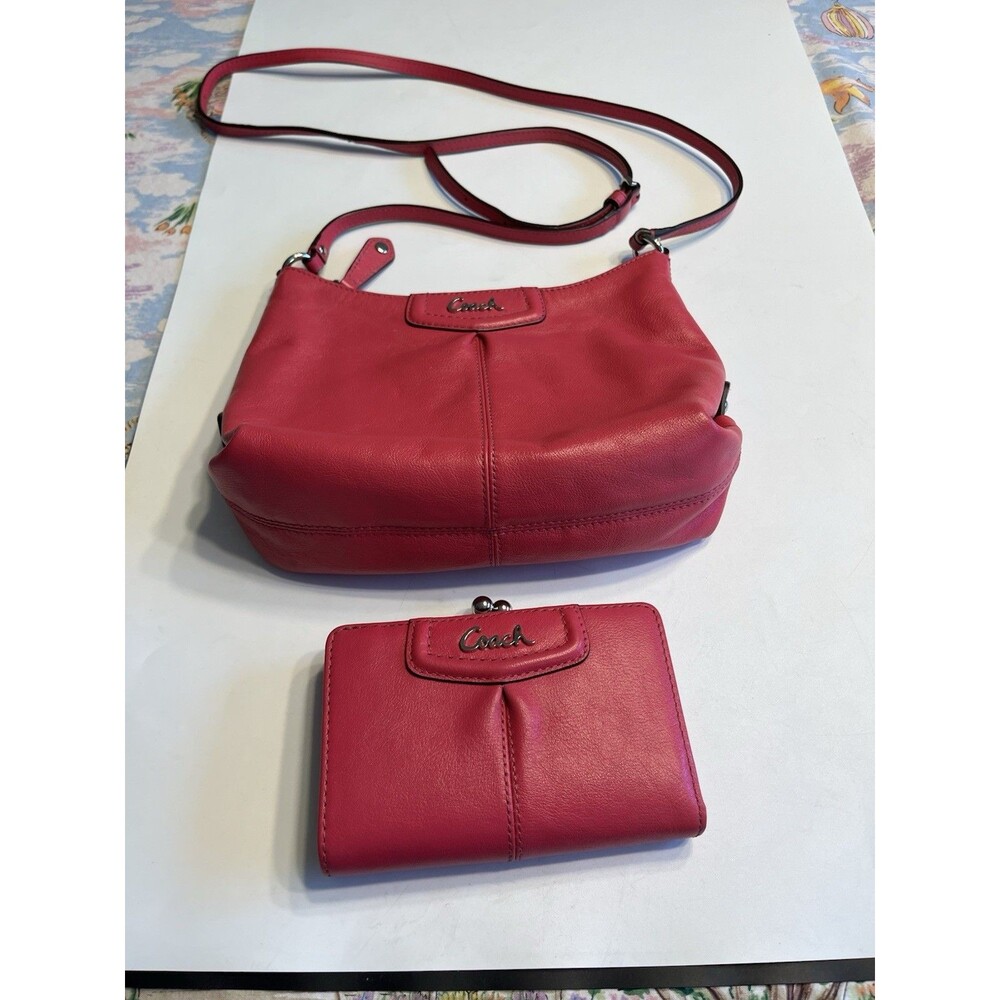 2pc Coach Pink Leather Shoulder Crossbody Handbag Purse w Matching Wallet - Picture 3 of 16
